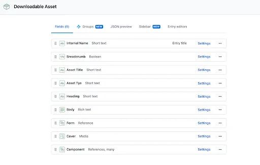 An example of a content model for a downloadable asset hosted on a Contentful website application.