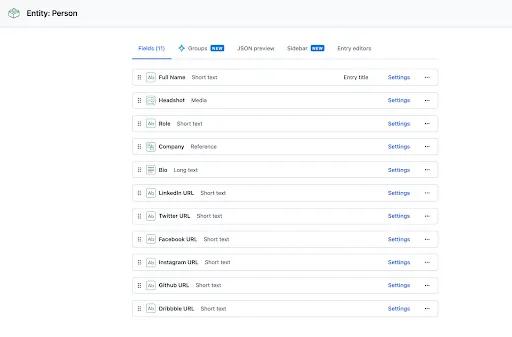 An example of a content model used to disclose personal information of an individual used throughout a Contentful website application.
