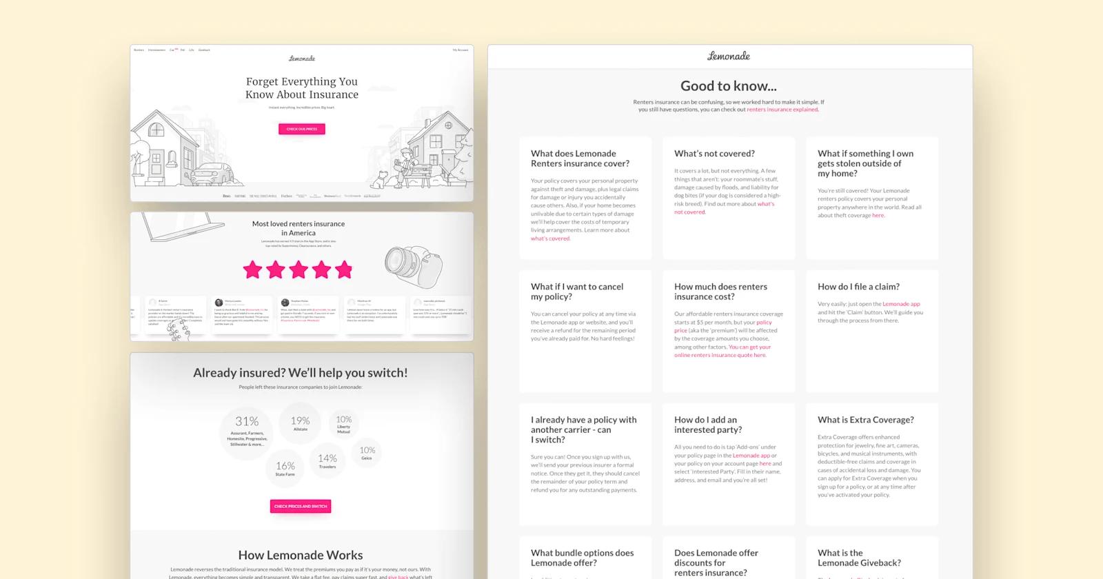 Examples of fintech web design from the Lemonade website.