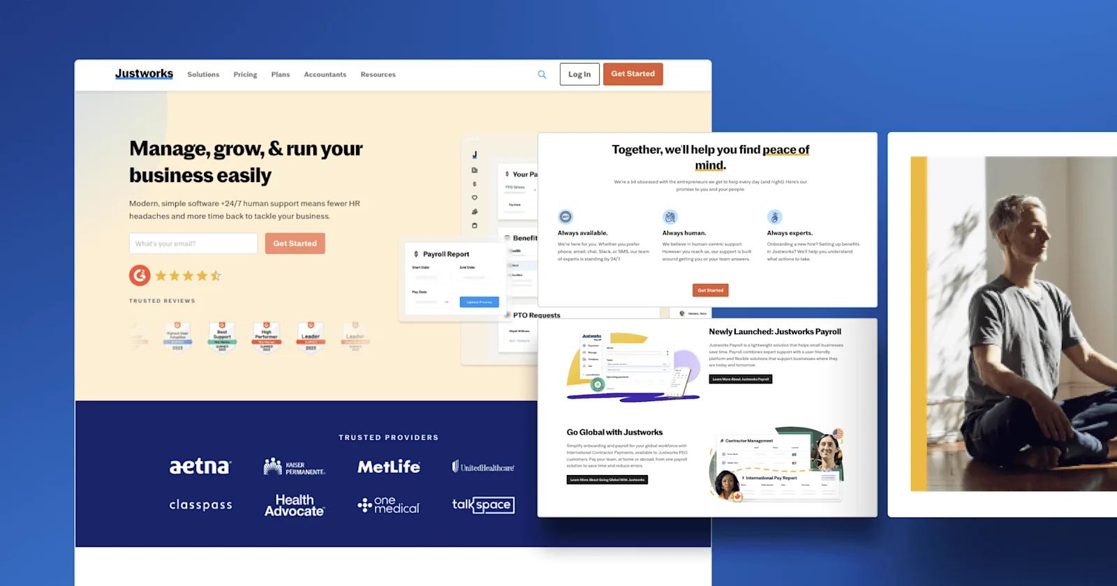 Three screengrabs for Justworks' website.