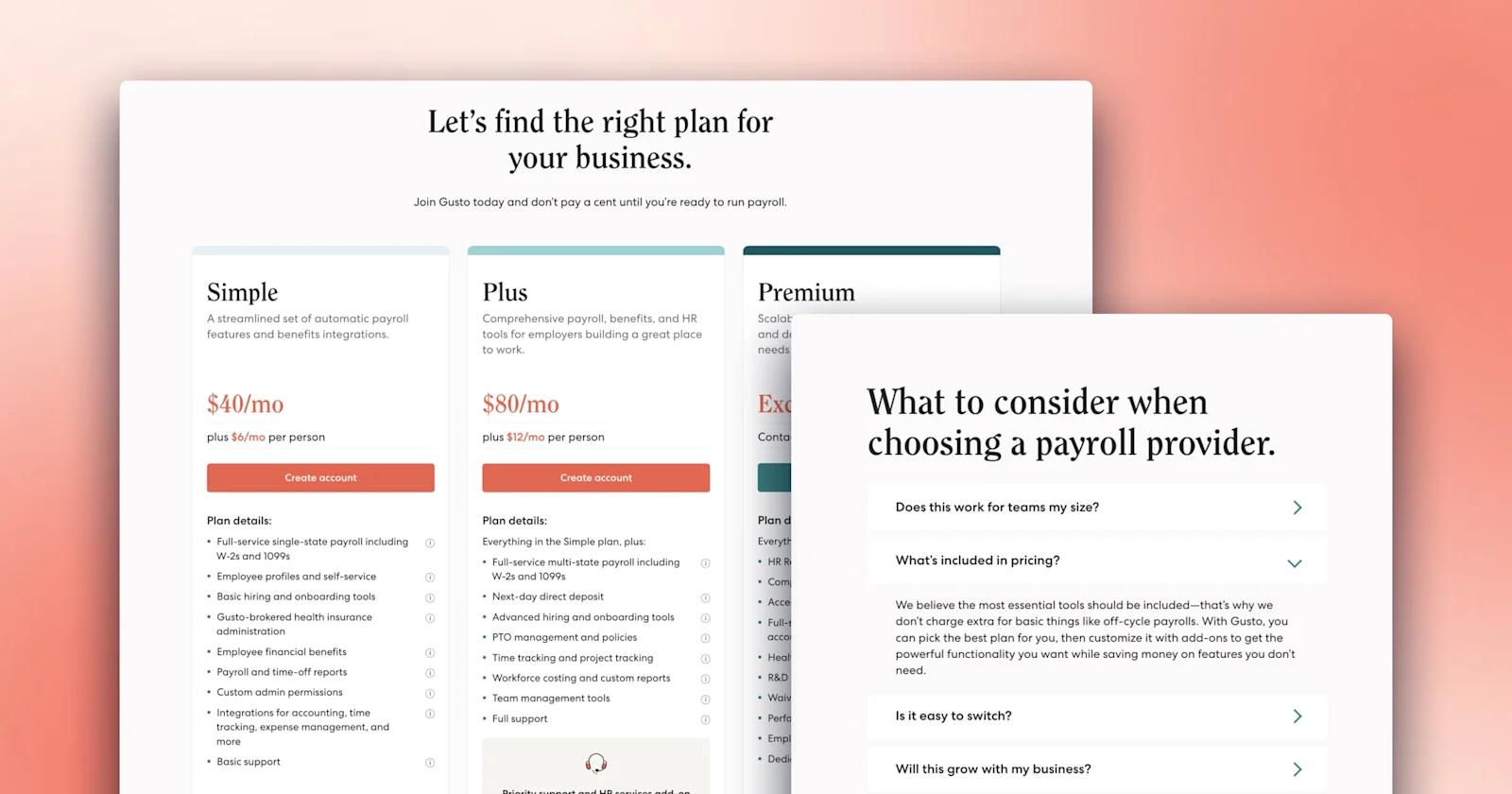 A screenshot of Gusto's pricing page on desktop on an orange gradient backdrop.