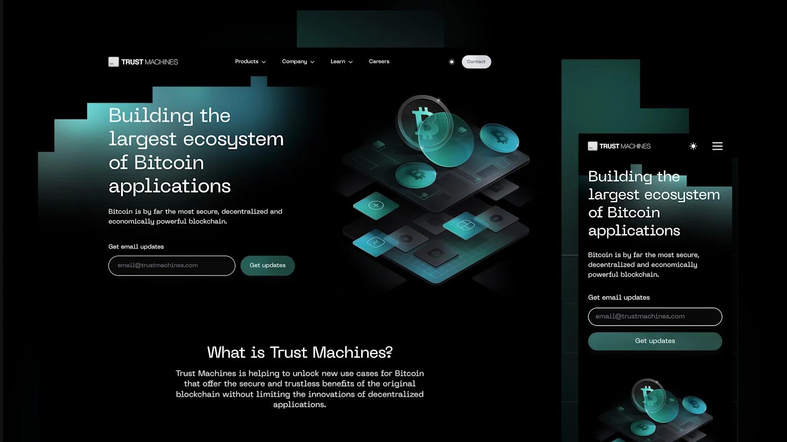 Screenshots of the Trust Machines home page on desktop and mobile devices.