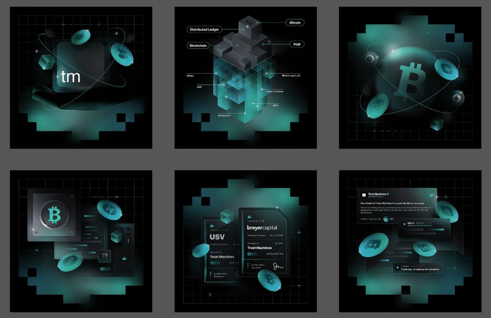 A collage of blog thumbnails from Trust Machines.