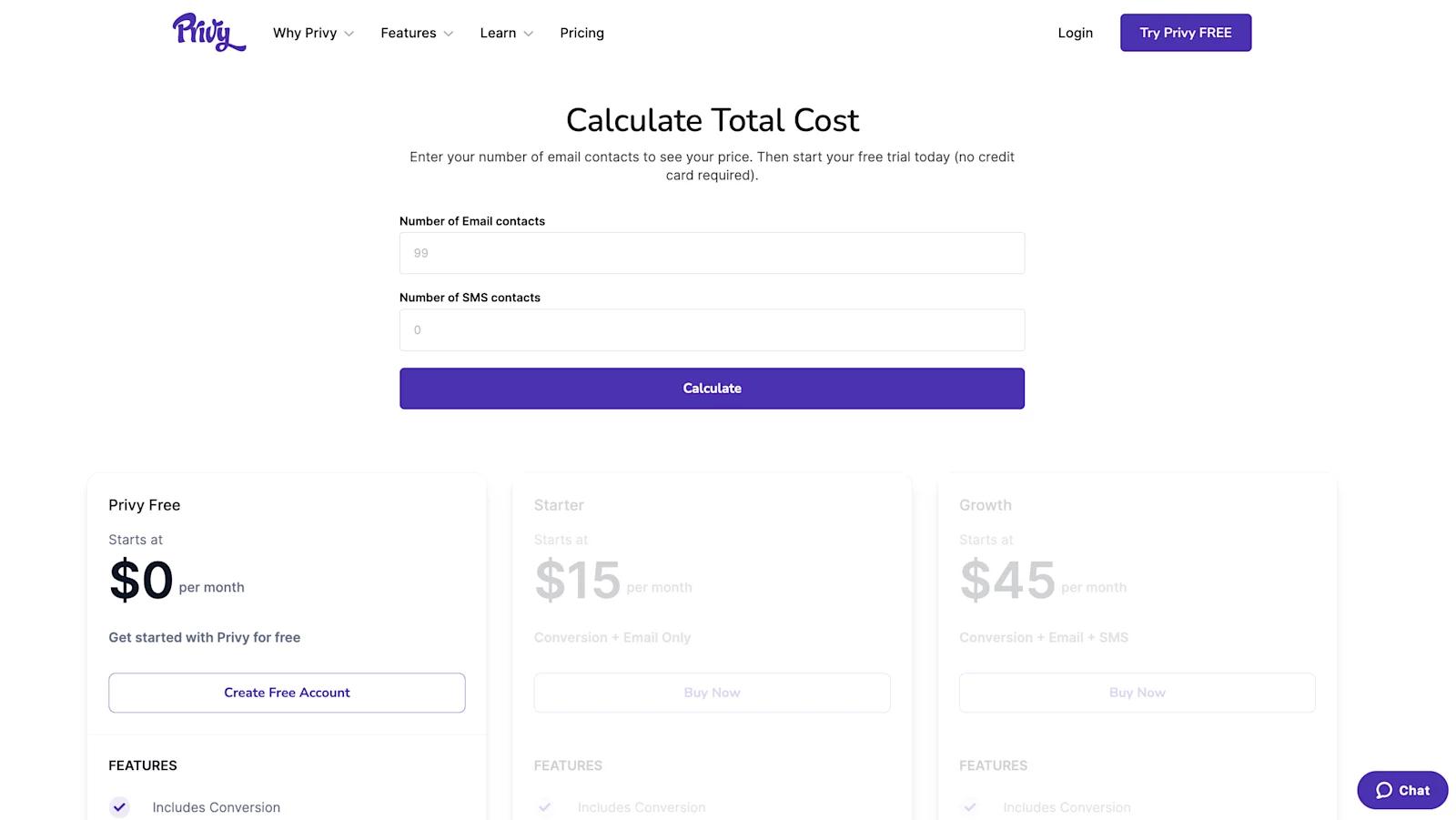 Privy's cost calculator on their pricing page.