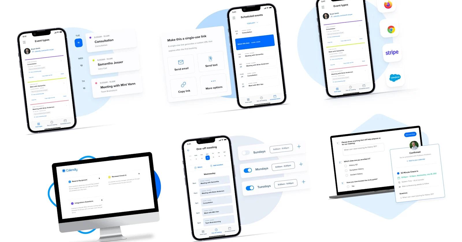 A collage of device screens with Calendly's product UI.