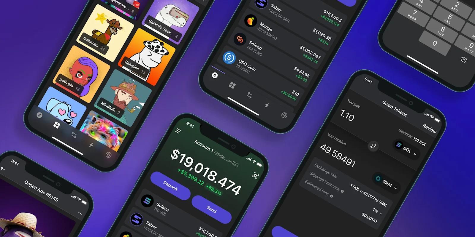 Several iPhones showing different screens within the Phantom mobile app interface.