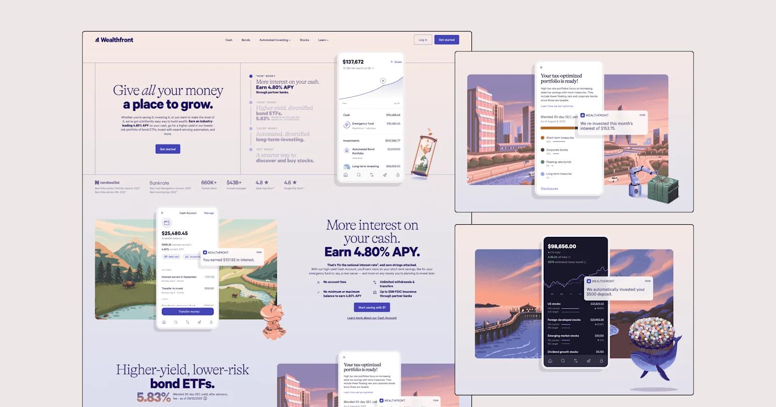 Web design examples from Wealthfront's marketing website.