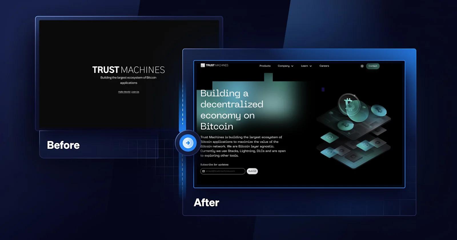 A before and after of the Trust Machines homepage.
