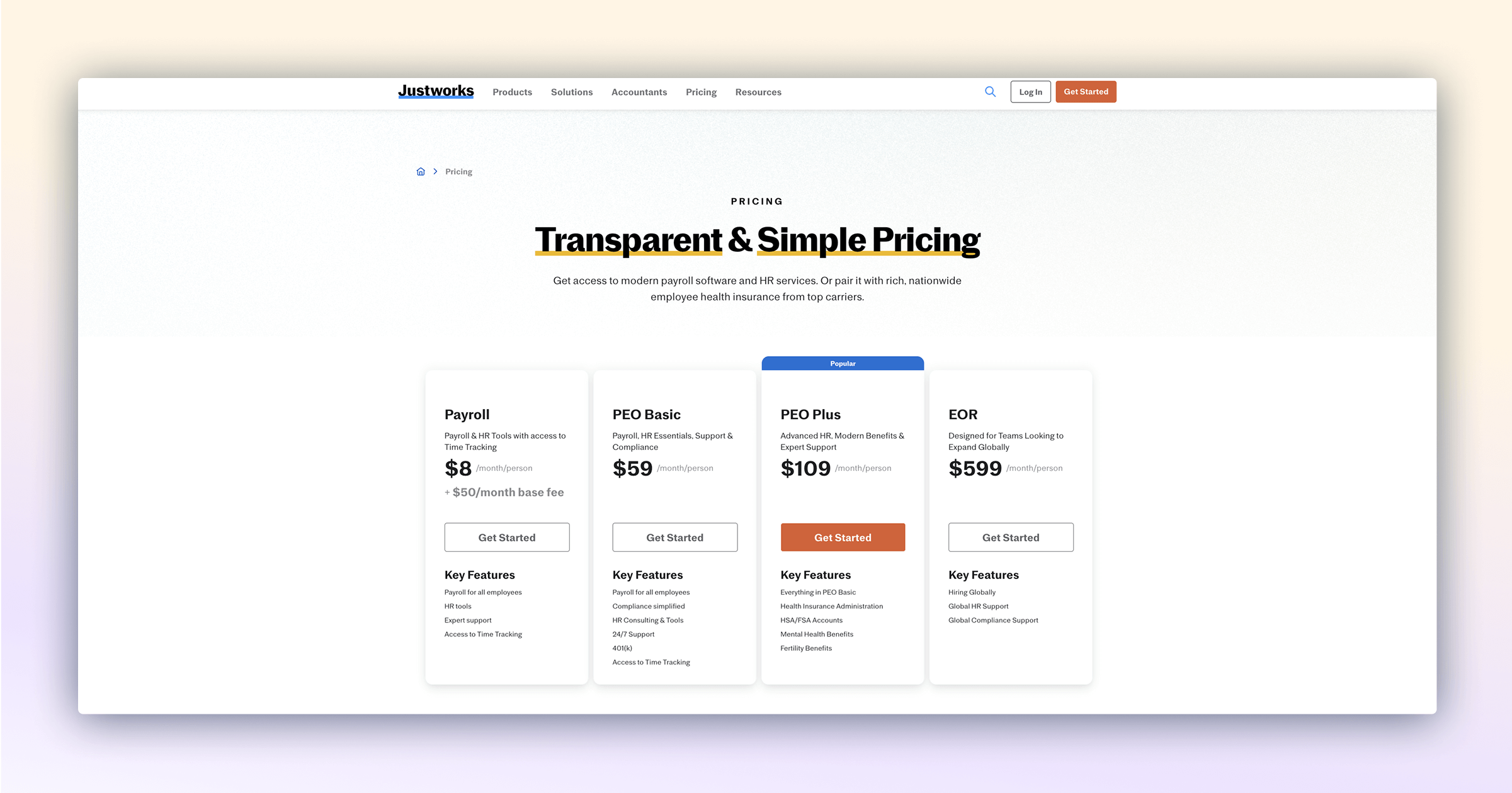 4 pricing tier cards from Justworks' pricing page.
