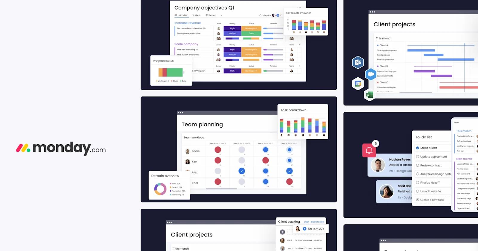 Screenshots from Monday.com's website, displaying their platform's UI.