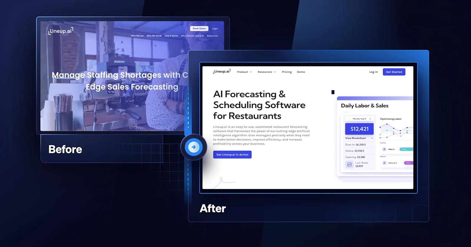 A before and after of the Lineup.ai homepage design.