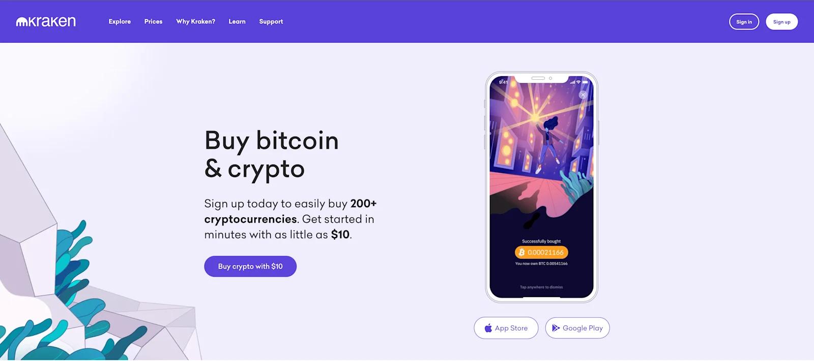 A screenshot of Kraken's homepage.