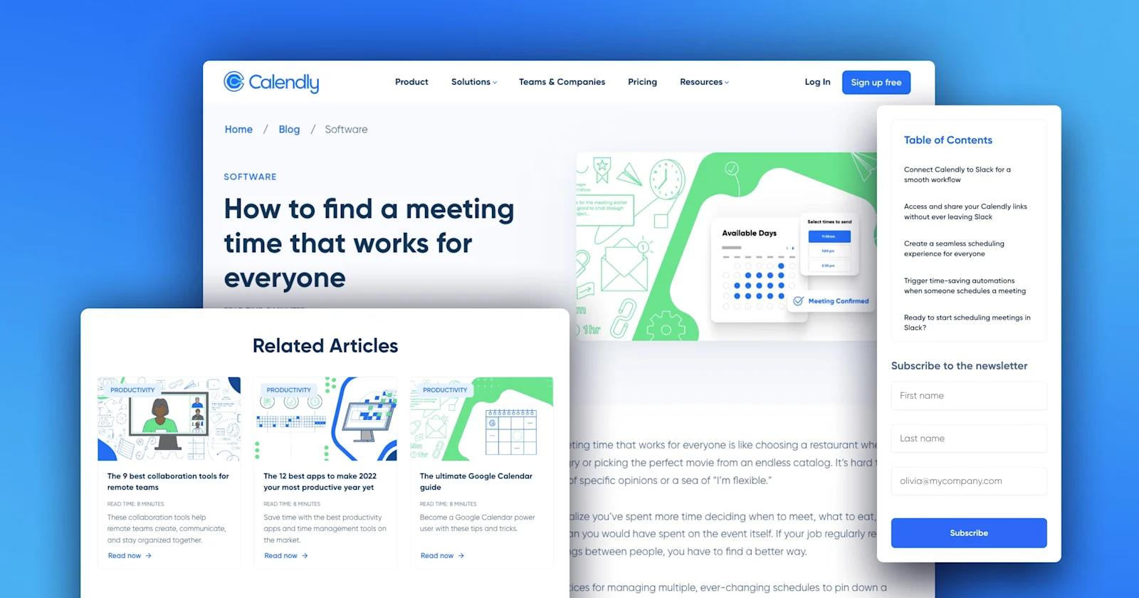 Screenshots of a Calendly blog details page, along with table of contents and related articles components.