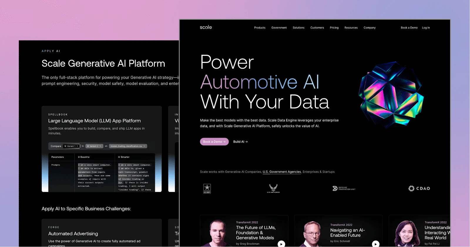 A screenshot of the Scale AI homepage and a colorful gradient background.