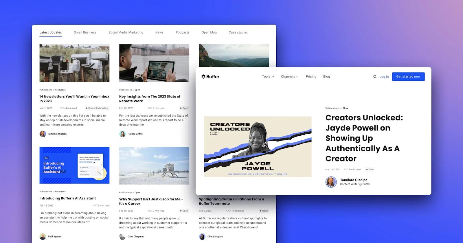 The Buffer blog listing page showcasing the most recently written articles. over a blue gradient background.