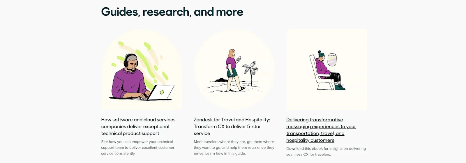Thumbnails for Zendesk's guides and research content.