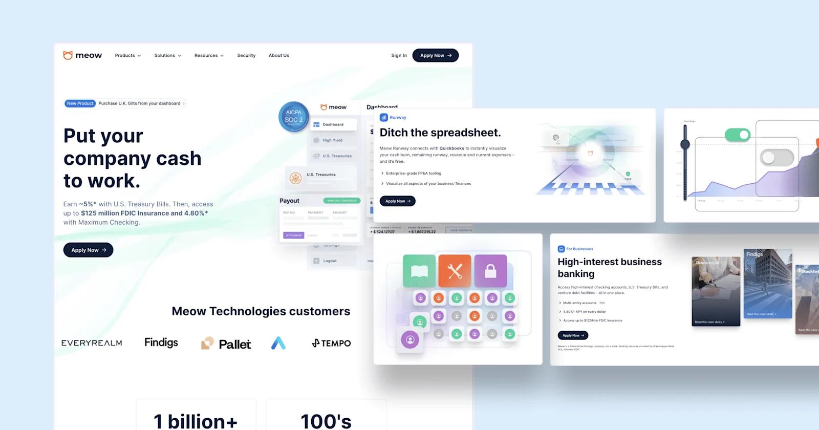 Screenshots of web page components from the Meow website.