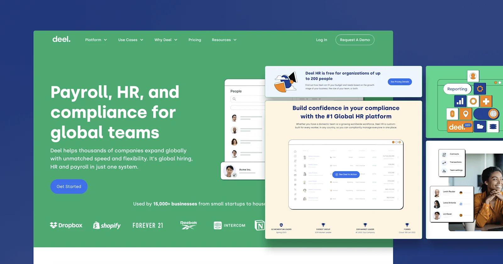 Screenshots from the Deel homepage.