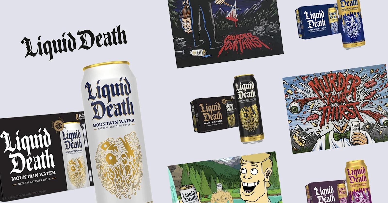 Liquid Death cans and poster illustrations.