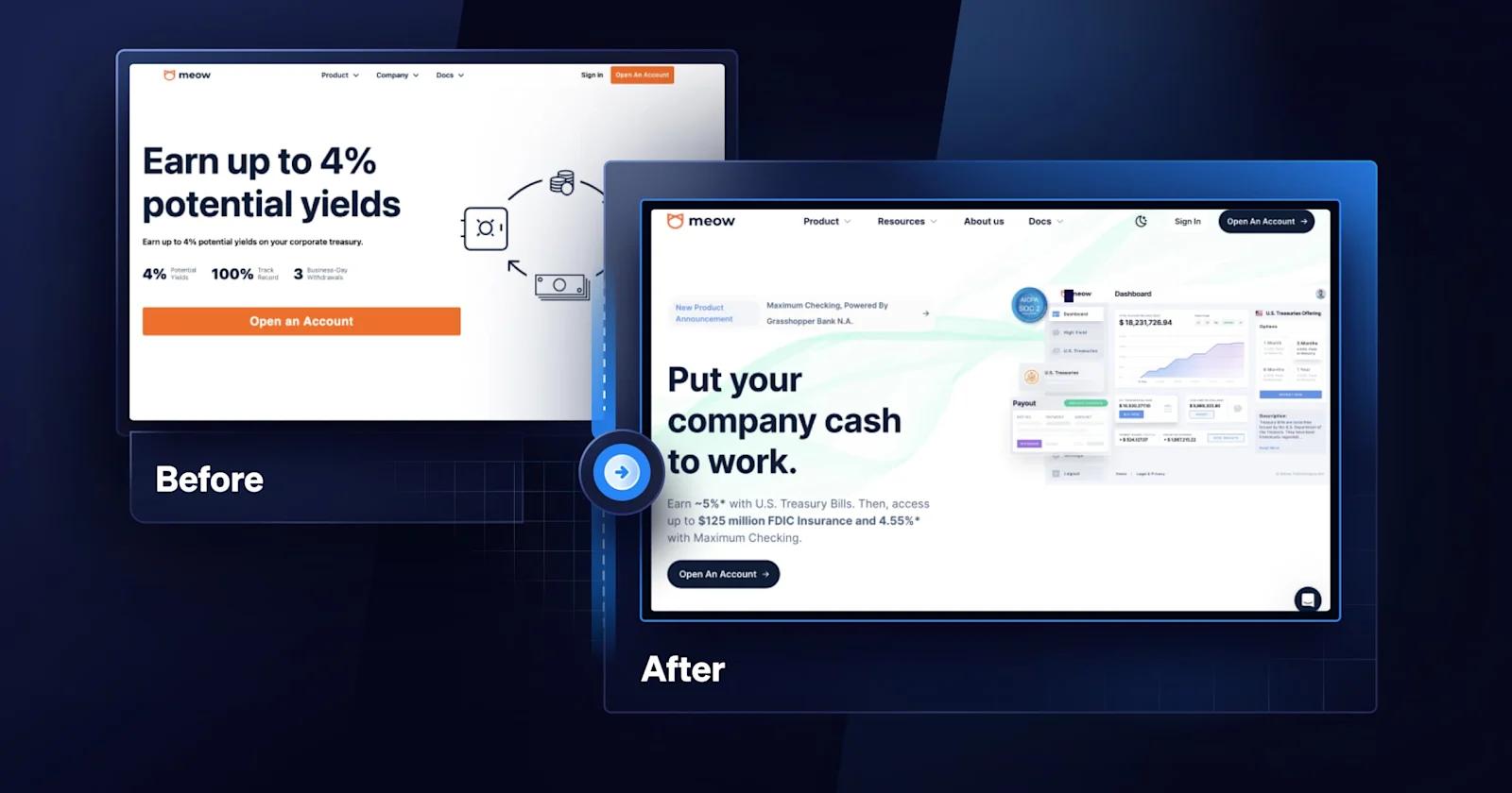 A before and after of the Meow homepage.
