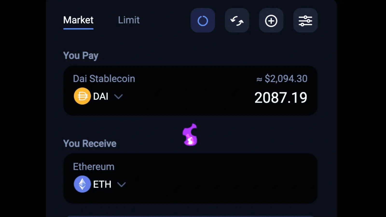 1Inch DEX aggregator user interface for swapping digital currency like Ethereum and crypto-backed stablecoin DAI.