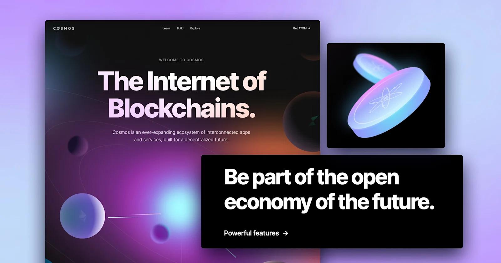 A screenshot of the Cosmos homepage over a light purple gradient.
