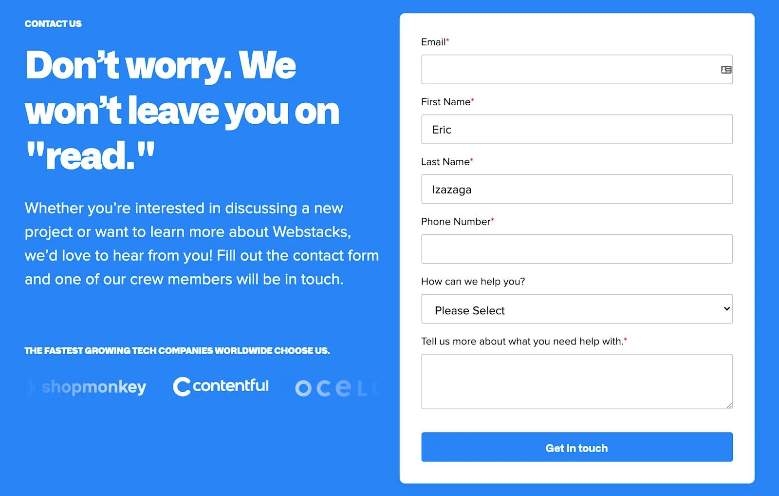 An image of the Webstacks contact form on the contact page.