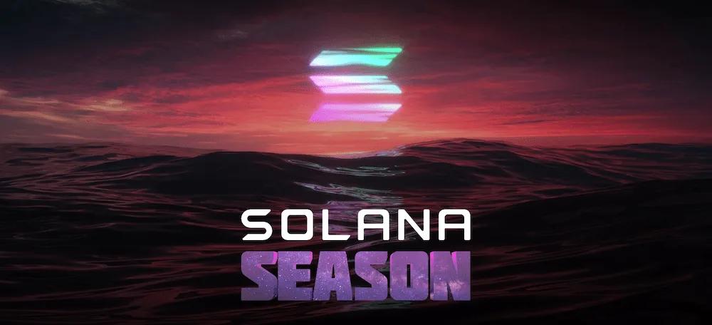 The Solana Season logomark over a dark ocean and pink sunset.