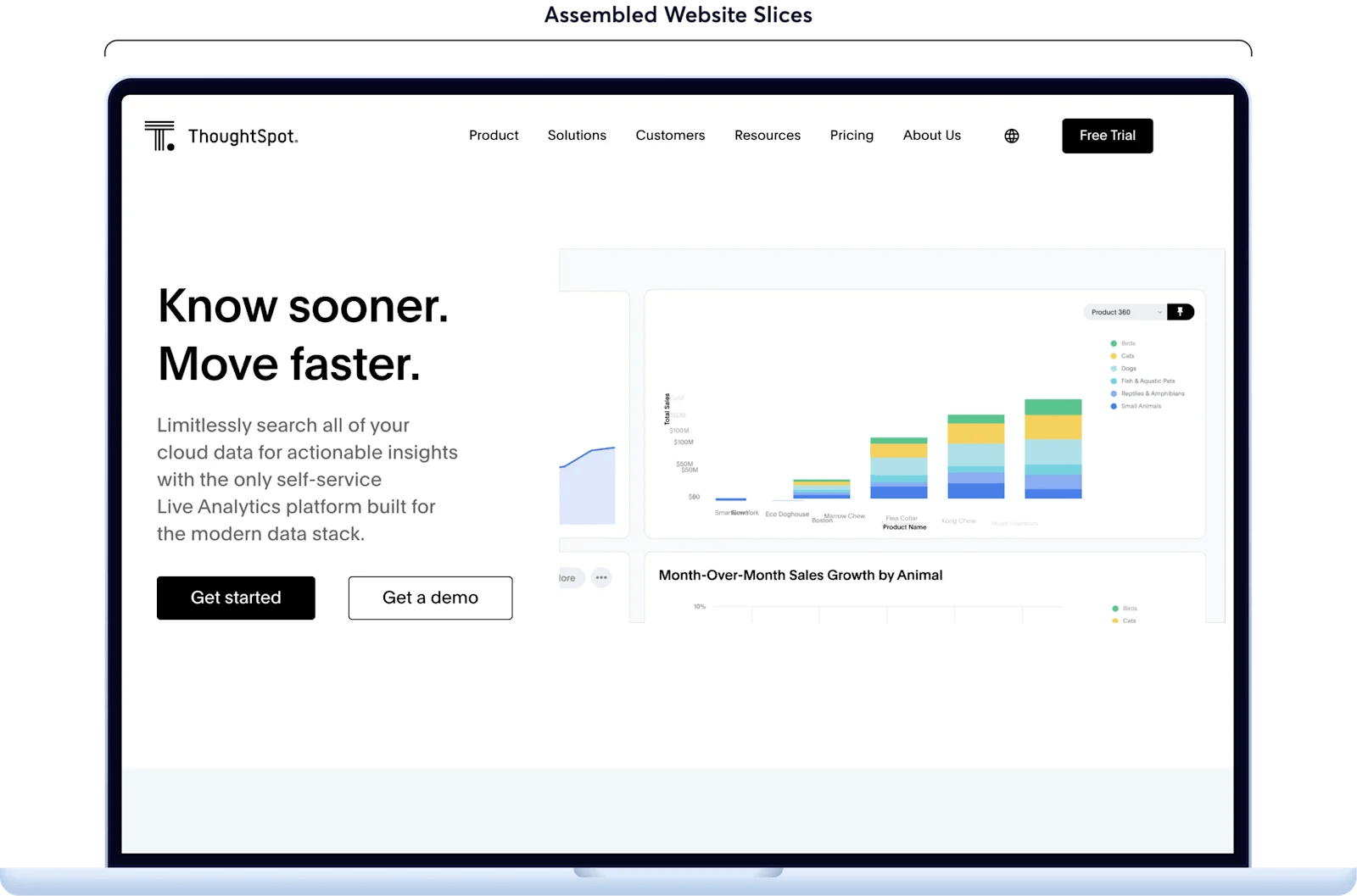 ThoughtSpot's homepage on a MacBook mockup screen.