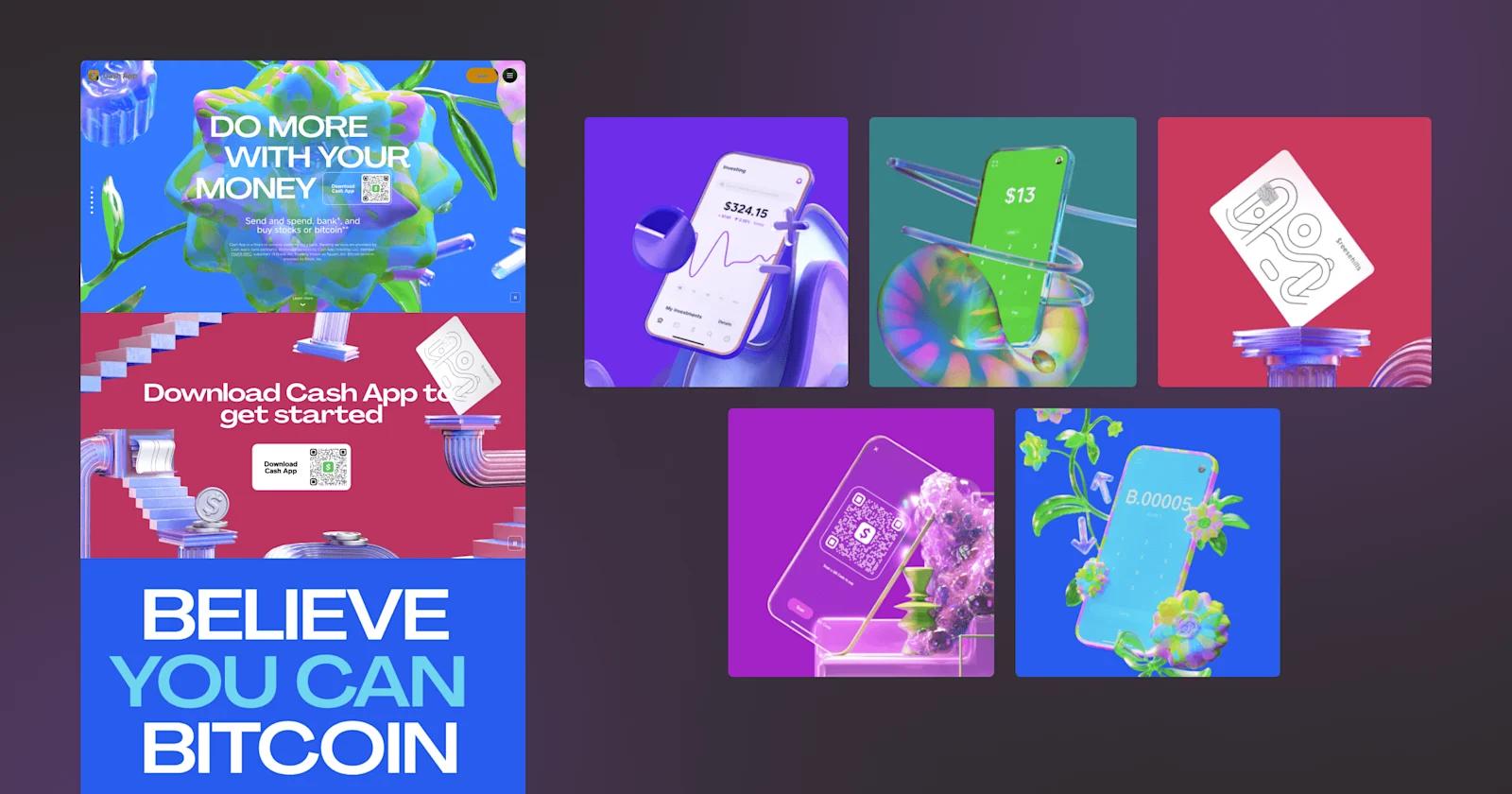 A collage of cool web design elements from CashApp's website.