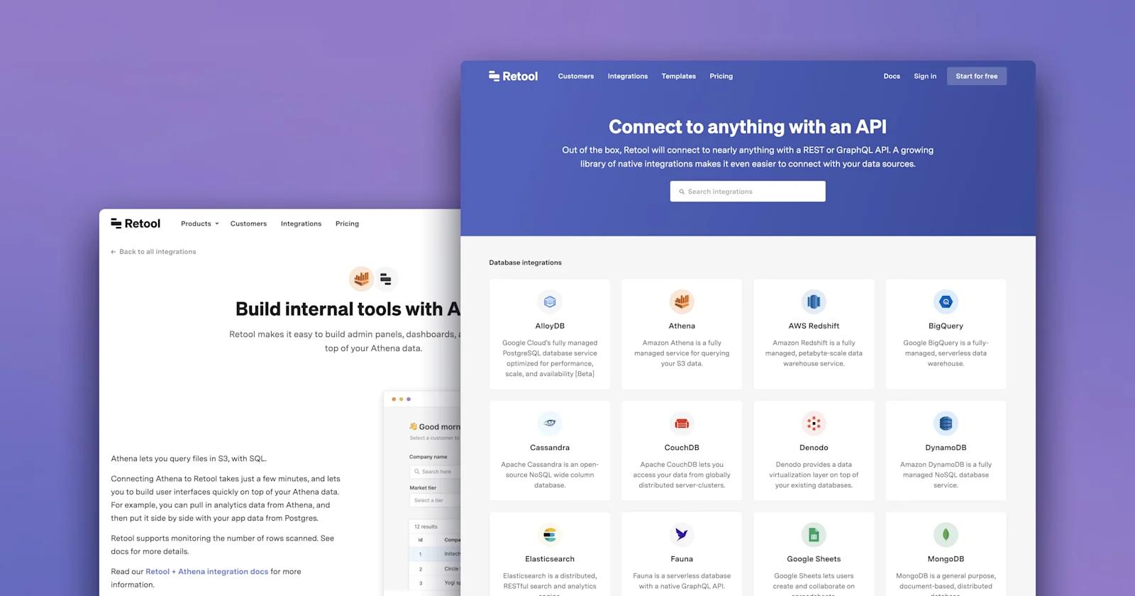 Retool's integration listing and details pages.