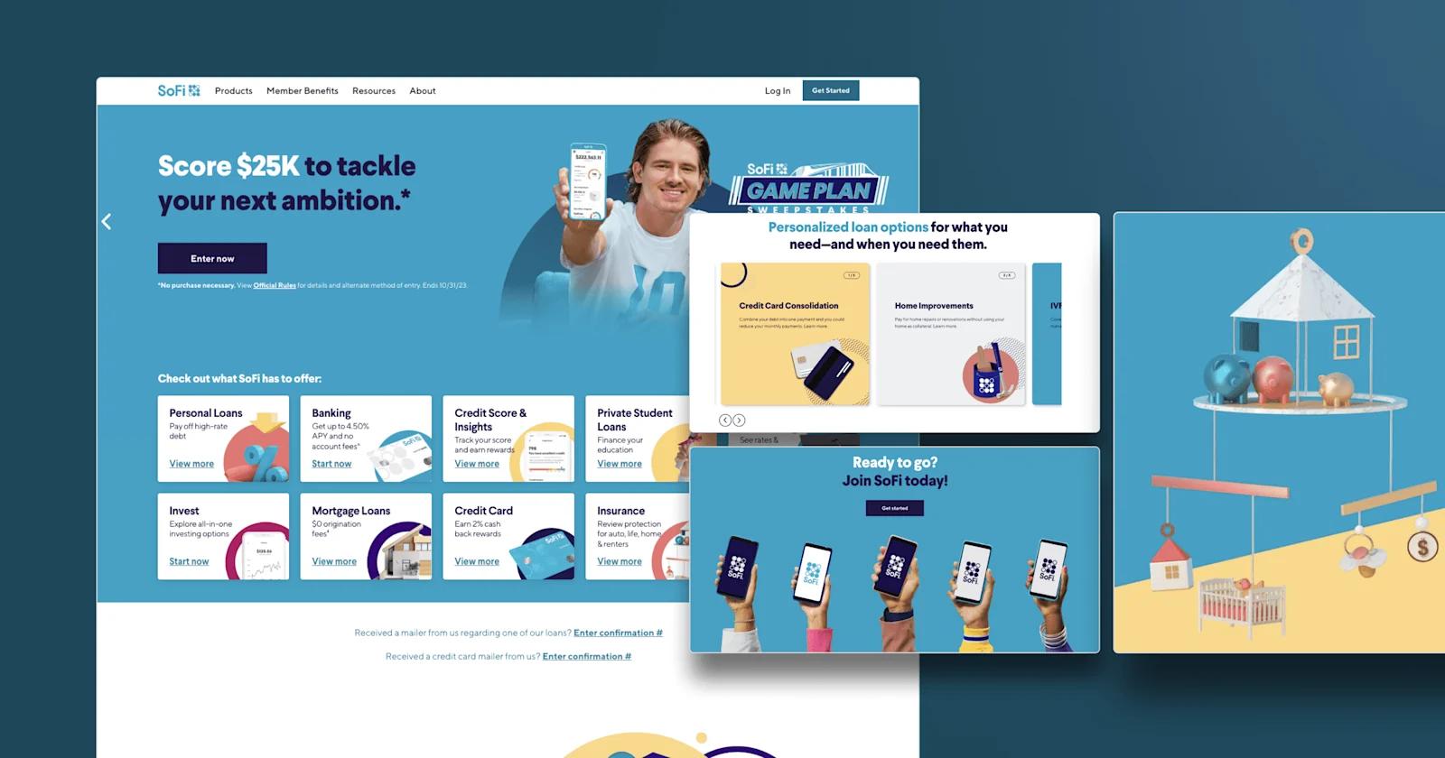 A collage of pages from SoFi's website.