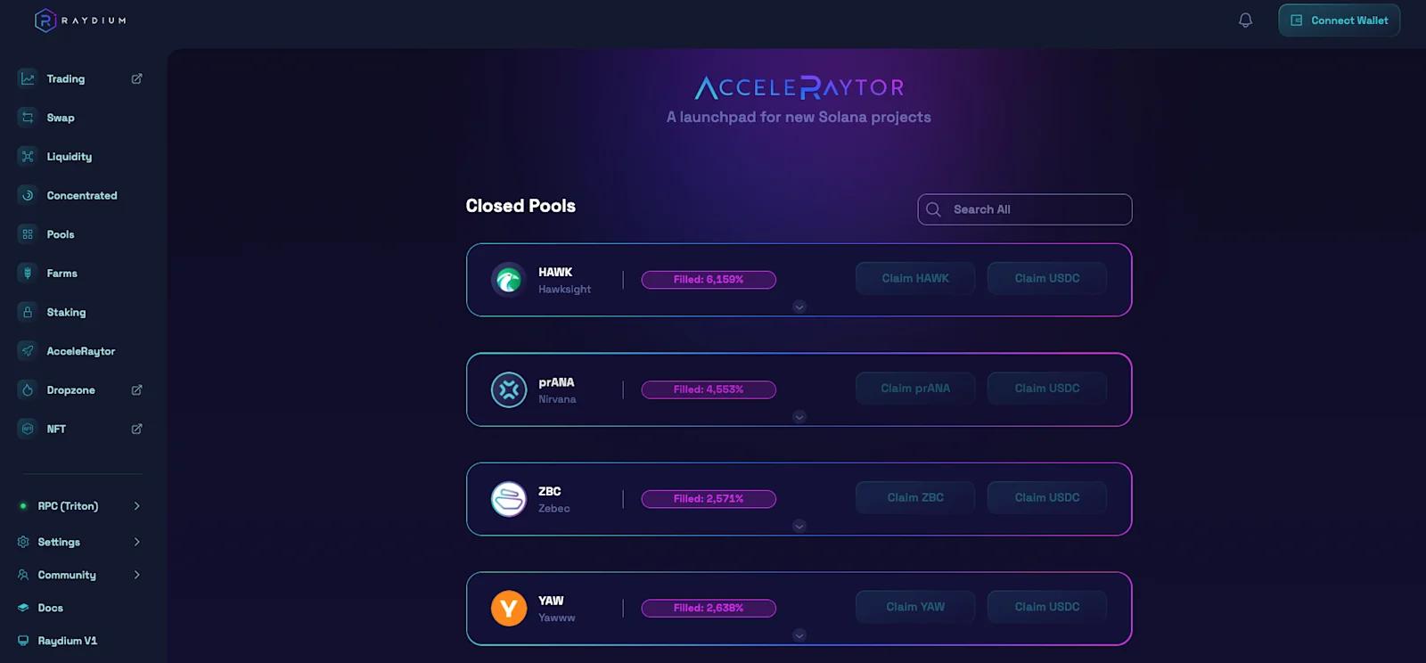 A screenshot of the Raydium Acceleraytor dApp interface.