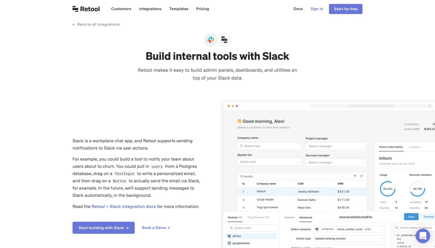 A screenshot of Retool's Slack integration landing page.
