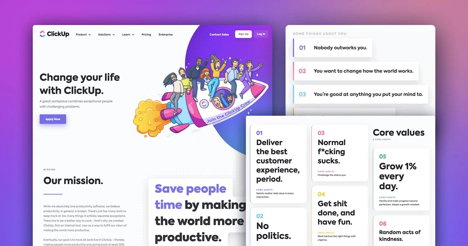 A collage of screenshots from the ClickUp careers page on a purple gradient backdrop.