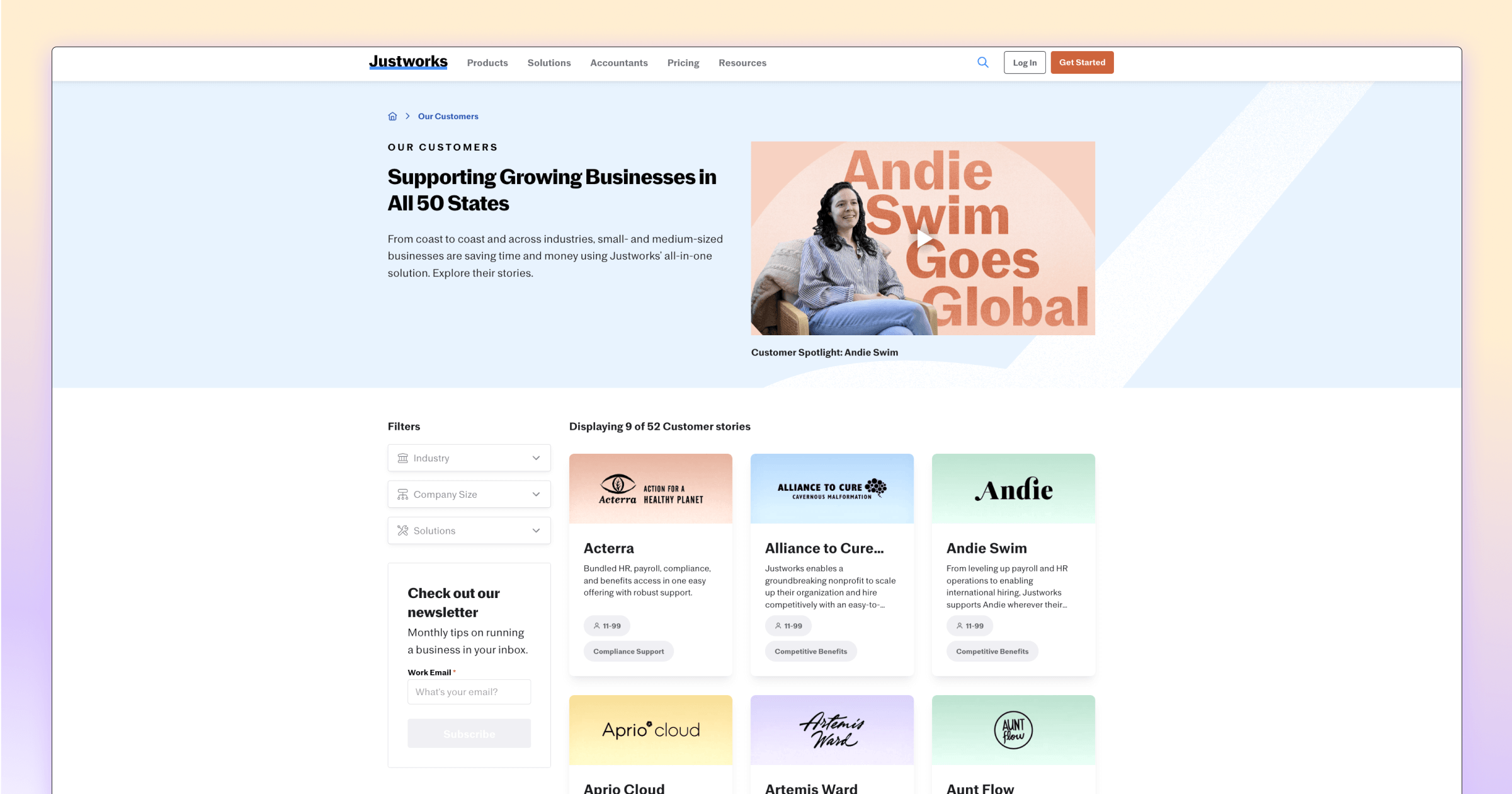 A screenshot of Justworks' customer stories listing page.