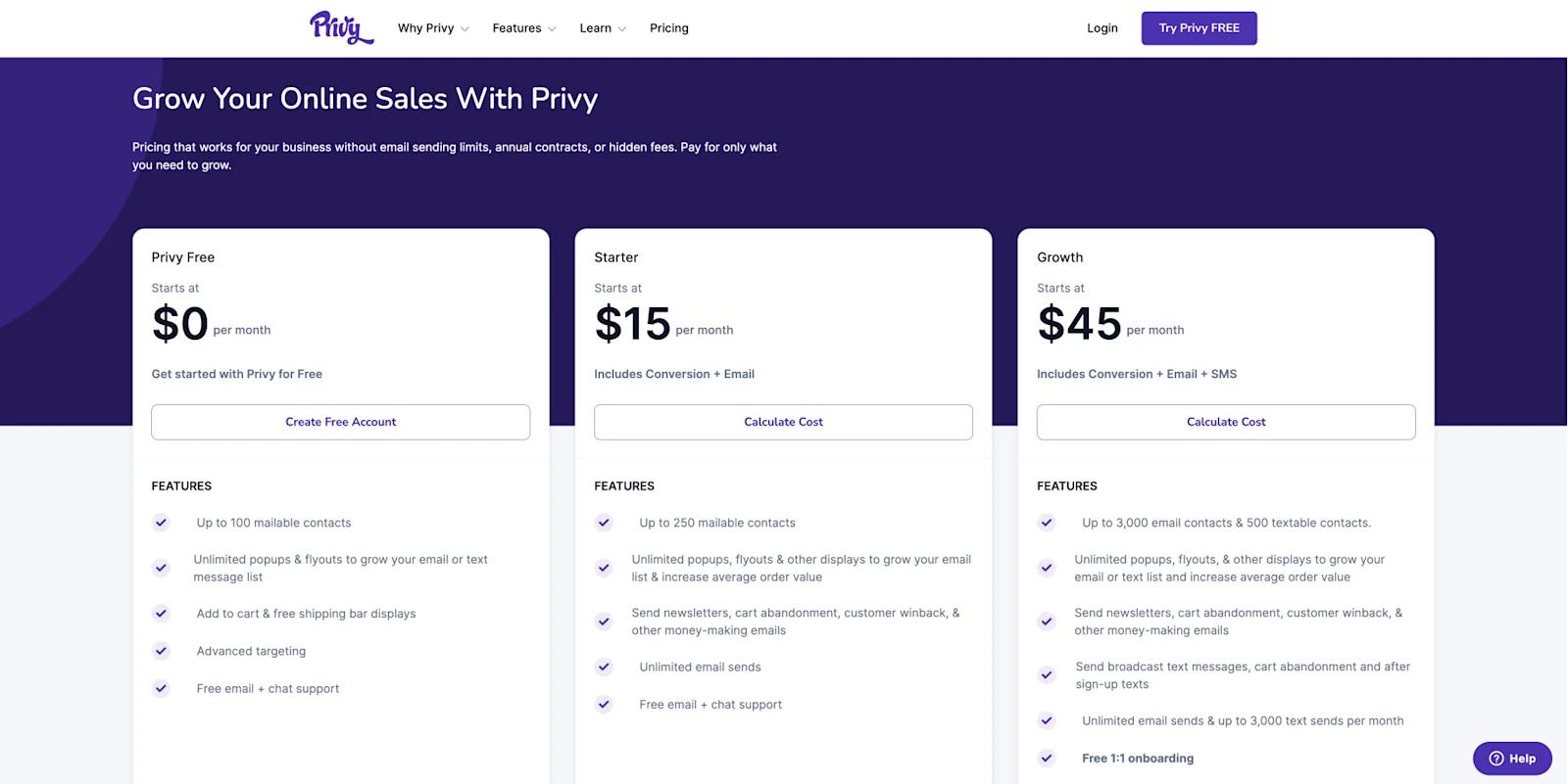 A screenshot of Privy's pricing table.