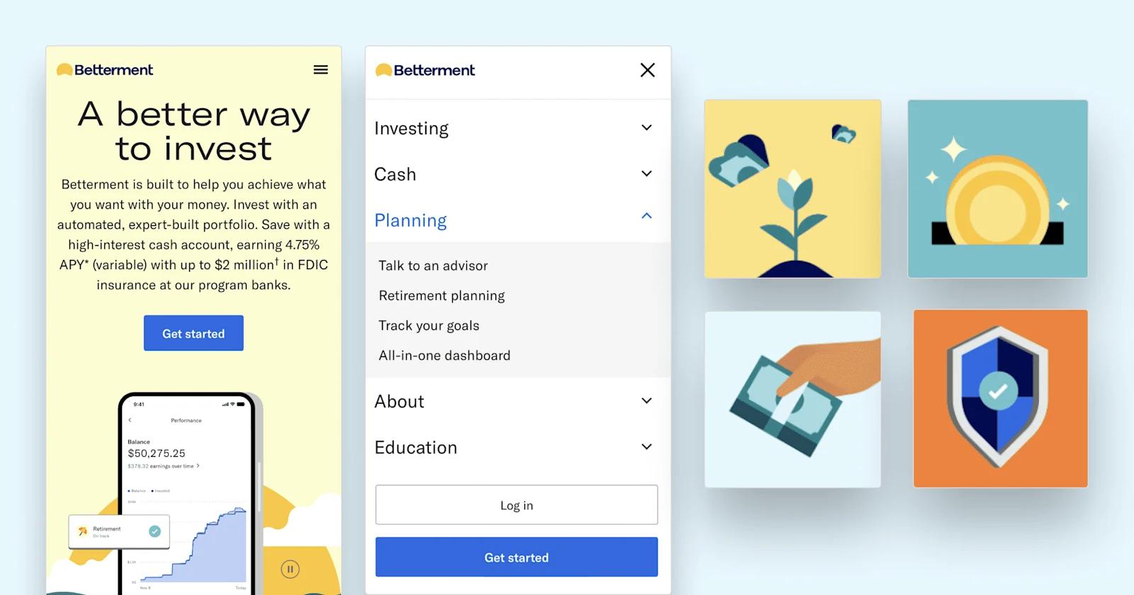 Screenshots from Betterment's mobile website.