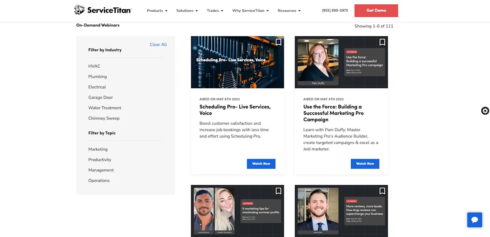 A screenshot of ServiceTitan's Webinar's listing page.