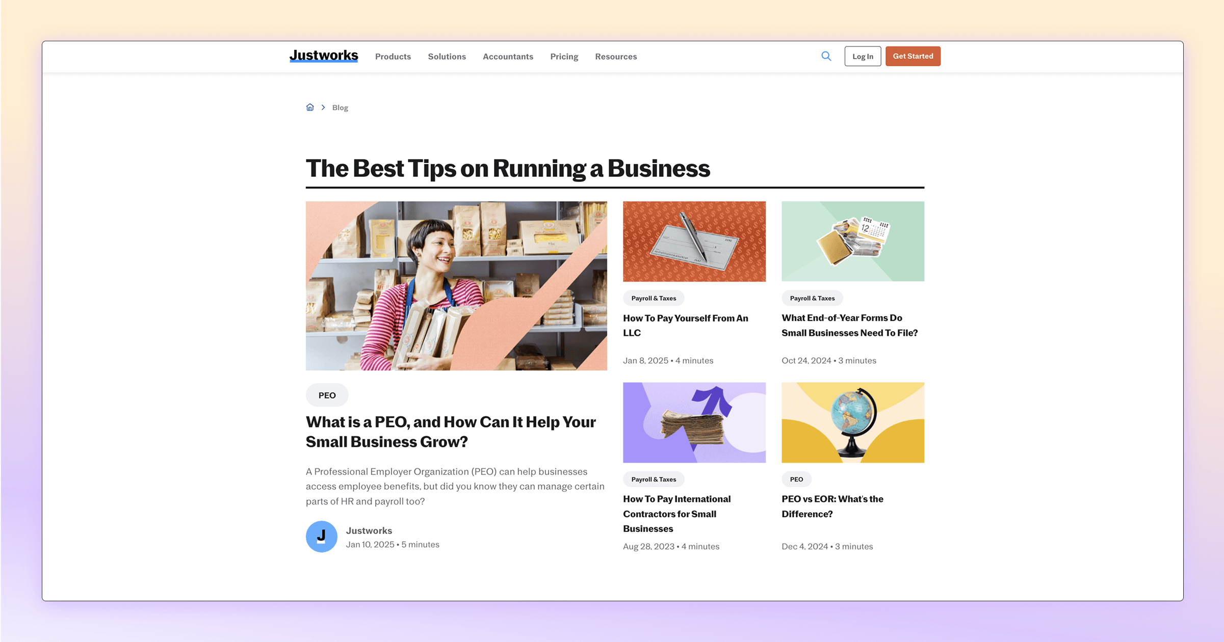 A screenshot of Justwork's blog listing page hero section.
