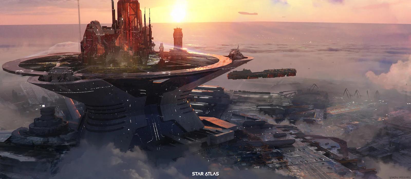 A screenshot showing a futuristic city from the the blockchain videogame Star Atlas.