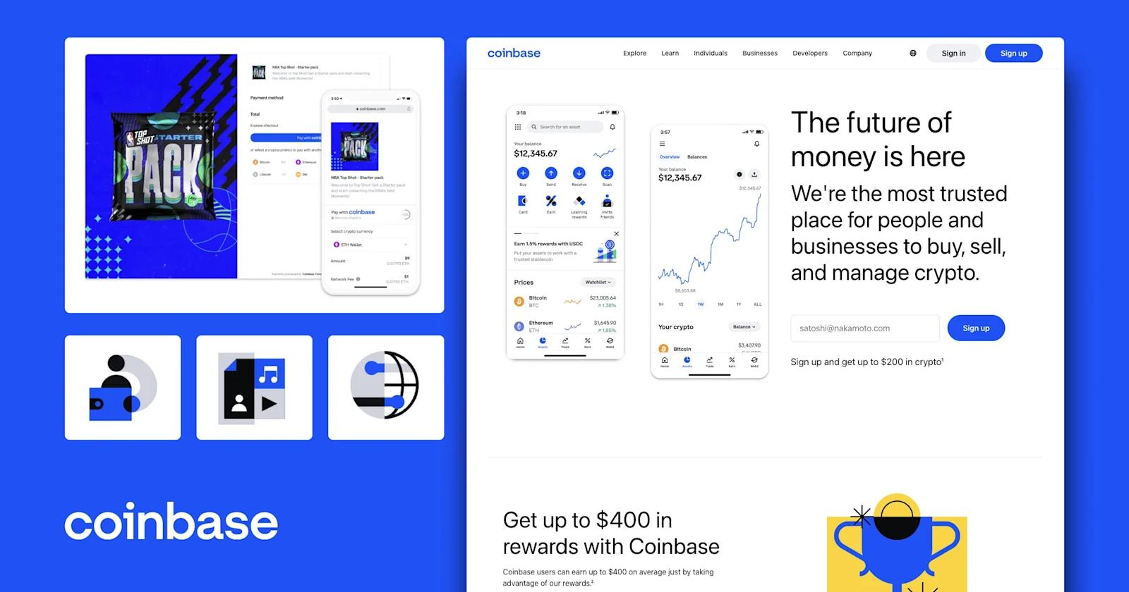 Examples of Coinbase's UI from illustrations on their website.
