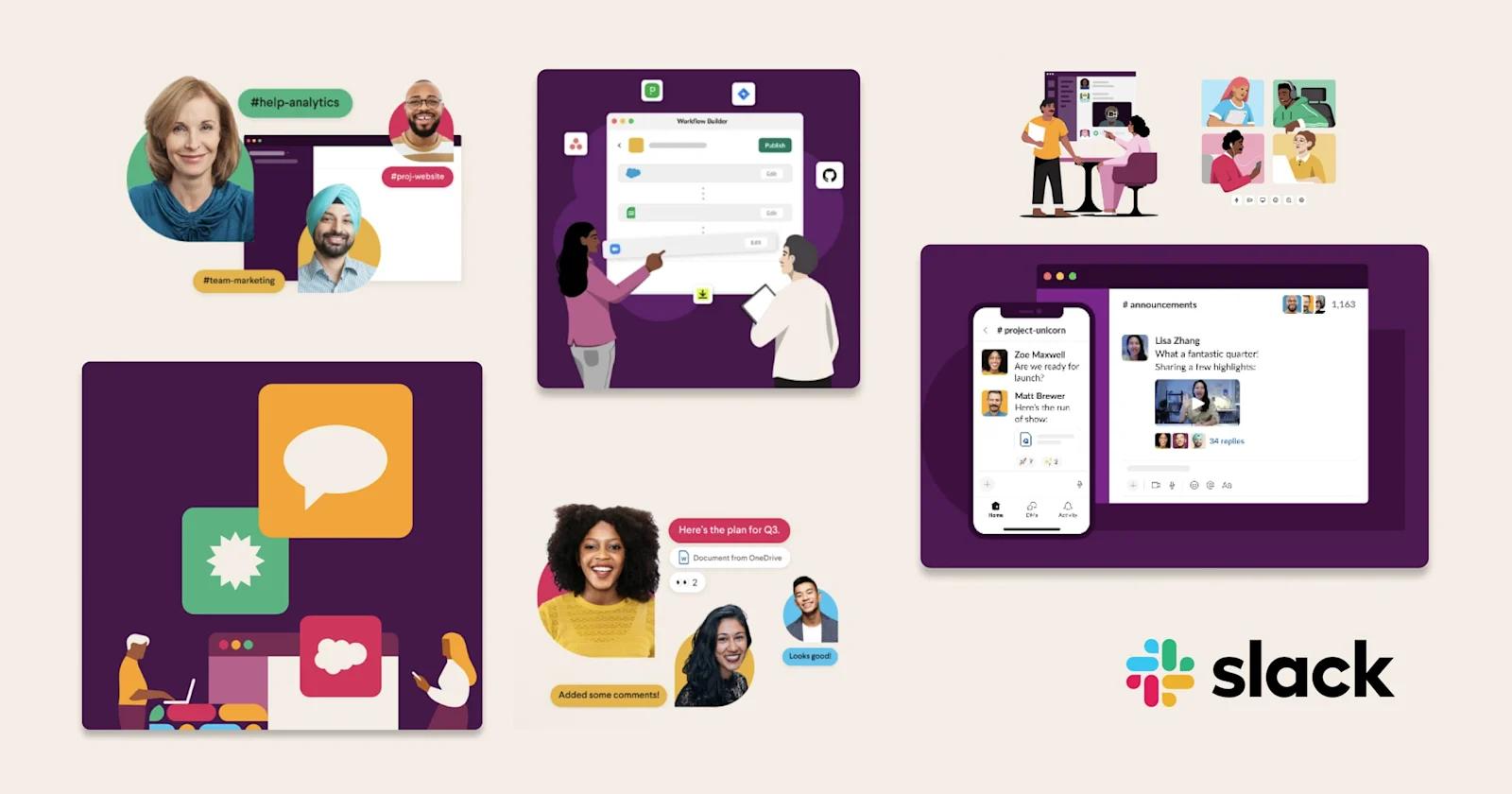 A collage of illustration designs from Slack's website.