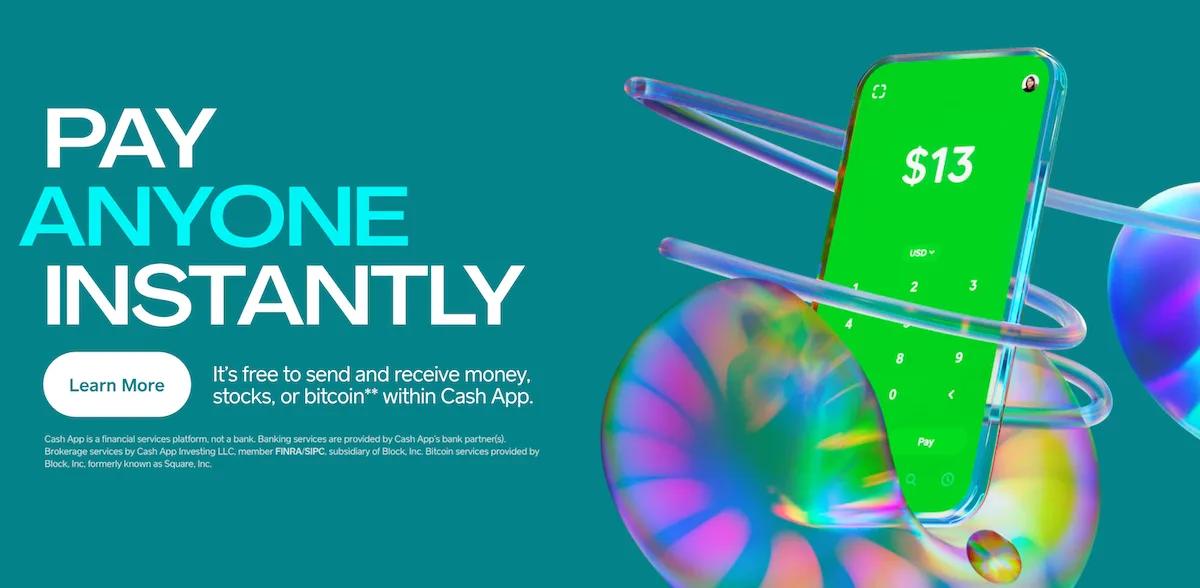 Cash App's homepage 3D illustration with a phone screen.