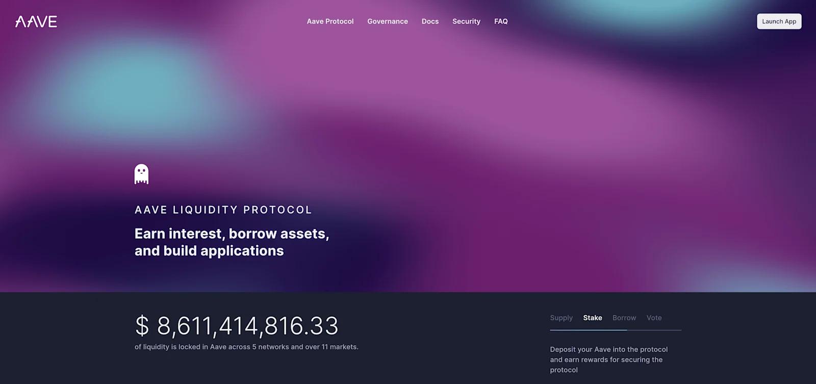 A screenshot of Aave's homepage hero.